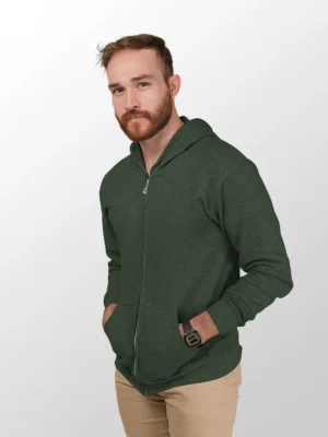 Zip-up hoodie in green, featuring a full zipper and cozy hood.