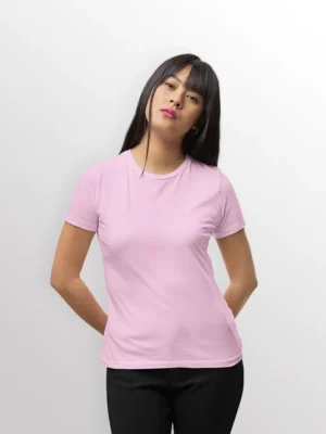 Image of female model wearing GILDAN Premium Cotton T Shirt for women, GILDAN 76000L Ladies T-Shirt in Light Pink