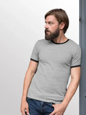 Image of male model wearing GILDAN 76600 Ringer T Shirt, GILDAN 76600 (UNISEX) in RS Sport Grey / Navy