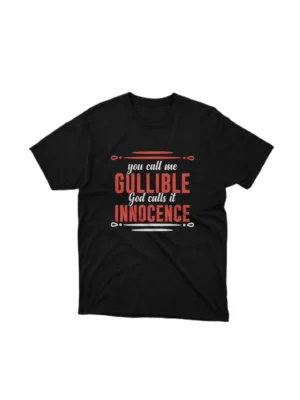 Apparel by Cetakshop Gullible vs. Innocence Humorous Graphic Tee - playful and clever. in Black. The image shows a gullible vs innocence graphic tees.