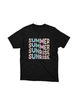 Apparel by Cetakshop Summer Sunrise Graphic Tee - colorful and vibrant. in Black. The image shows a colorful summer sunrise graphic tees.