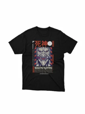 Apparel by Cetakshop Shinigami Graphic Tee - Japanese mythology in stylish wear. in Black. The image shows a shinigami graphic tees.