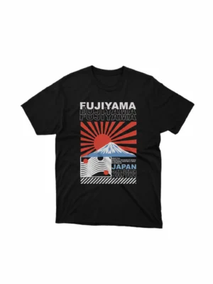 Apparel by Cetakshop Mount Fuji Graphic Tee - iconic Japanese scenery. in Black. The image shows a mount fuji graphic tees.