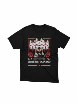 Apparel by Cetakshop Kitsune Mask Graphic Tee - folklore and tradition in fashion. in Black. The image shows a kitsune mask graphic tees.