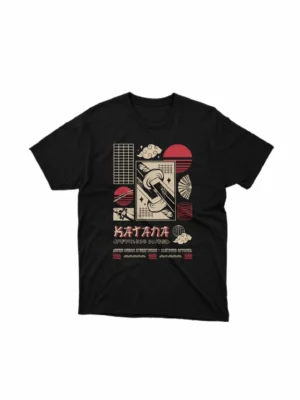 Apparel by Cetakshop Samurai Katana Graphic Tee - embodying the samurai spirit. in Black. The image shows a samurai katana graphic tees.