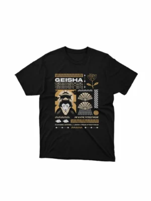 Apparel by Cetakshop Elegant Geisha Graphic Tee - traditional Japanese elegance. in Black. The image shows a geisha graphic tees.