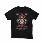 Apparel by Cetakshop Fierce Samurai Helmet Graphic Tee - fearless and bold. in Black. The image shows a samurai helmet graphic tees.