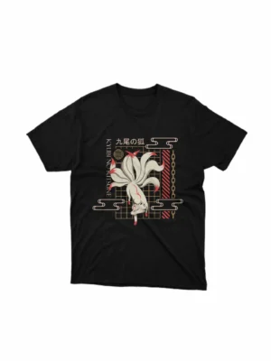 Apparel by Cetakshop Majestic Kitsune Graphic Tee - mystical Japanese folklore. in Black. The image shows a kitsune graphic tees.