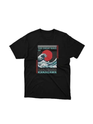 Apparel by Cetakshop Classic Great Wave graphic tee, featuring a stylized design on a Black background. The image shows a classic great wave graphic tees.