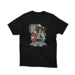 Apparel by Cetakshop Retro Boombox Character graphic tee, featuring a stylized design on a Black background. The image shows a retro boombox graphic tees.