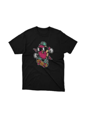 Apparel by Cetakshop Delicious donut Character graphic tee, featuring a stylized design on a Black background. The image shows a donut skater graphic tees.