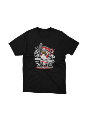 Apparel by Cetakshop Killer Ciggie graphic tee, featuring a stylized design on a Black background. The image shows a ciggie graphic tees.