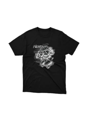 Apparel by Cetakshop Skateboarding coffee mug graphic tee, featuring a stylized design on a Black background. The image shows a skater mug graphic tees.