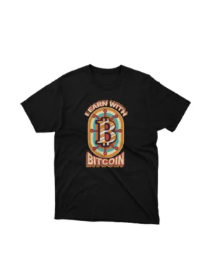 Apparel by Cetakshop Bitcoin Earn graphic tee, featuring a stylized design on a Black background. The image shows a bitcoin graphic tees.