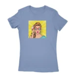 Woman in comic pop art design T-shirt for women in Carolina Blue, by Apparel by Cetakshop.