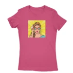 Woman in comic pop art design T-shirt for women in Heliconia, by Apparel by Cetakshop.