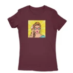 Woman in comic pop art design T-shirt for women in Maroon, by Apparel by Cetakshop.