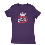 Women's Purple T-shirt with 'Queen of the Queens' text and crown graphic, by Apparel by Cetakshop.