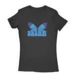 Women's Black T-shirt with a blue butterfly and 'DREAM' text, a serene addition by Apparel by Cetakshop.