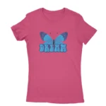 Women's Heliconia T-shirt with a blue butterfly and 'DREAM' text, a serene addition by Apparel by Cetakshop.