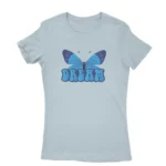 Women's Light Blue T-shirt with a blue butterfly and 'DREAM' text, a serene addition by Apparel by Cetakshop.