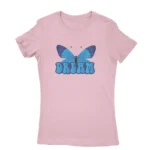 Women's Light Pink T-shirt with a blue butterfly and 'DREAM' text, a serene addition by Apparel by Cetakshop.