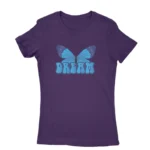 Women's Purple T-shirt with a blue butterfly and 'DREAM' text, a serene addition by Apparel by Cetakshop.