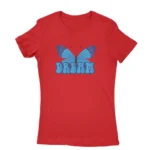 Women's Red T-shirt with a blue butterfly and 'DREAM' text, a serene addition by Apparel by Cetakshop.