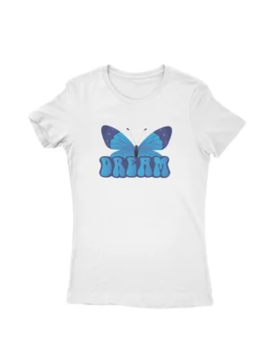 Dreamy Butterfly Tee by Apparel by Cetakshop. T Shirt for women decorated with a blue butterfly and 'DREAM' text, a serene addition.