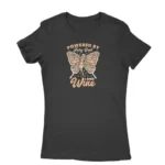 Women's Black T-shirt with 'Powered by Fairy Dust and Wine' print, a whimsical creation by Apparel by Cetakshop.