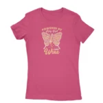 Women's Heliconia T-shirt with 'Powered by Fairy Dust and Wine' print, a whimsical creation by Apparel by Cetakshop.