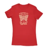 Women's Red T-shirt with 'Powered by Fairy Dust and Wine' print, a whimsical creation by Apparel by Cetakshop.