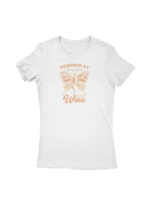 Fairy Dust and Wine Tee by Apparel by Cetakshop. T Shirt for women decorated with 'Powered by Fairy Dust and Wine' print, a whimsical creation.