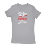 Team spirit-themed Sport Grey T-shirt for women with 'Wine Drinking Team' print, exclusively from Apparel by Cetakshop.