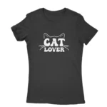 Women's Black T-shirt with 'CAT LOVER' and cat whiskers graphic, cozy apparel from Apparel by Cetakshop.