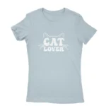 Women's Light Blue T-shirt with 'CAT LOVER' and cat whiskers graphic, cozy apparel from Apparel by Cetakshop.