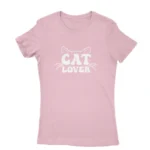 Women's Light Pink T-shirt with 'CAT LOVER' and cat whiskers graphic, cozy apparel from Apparel by Cetakshop.