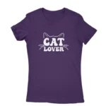 Women's Purple T-shirt with 'CAT LOVER' and cat whiskers graphic, cozy apparel from Apparel by Cetakshop.