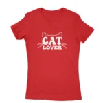 Women's Red T-shirt with 'CAT LOVER' and cat whiskers graphic, cozy apparel from Apparel by Cetakshop.