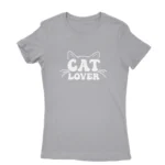 Women's Sport Grey T-shirt with 'CAT LOVER' and cat whiskers graphic, cozy apparel from Apparel by Cetakshop.