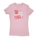 Stylish Light Pink T-shirt for women featuring 'RED LIPS And Wine Sips' print, brought to you by Apparel by Cetakshop.