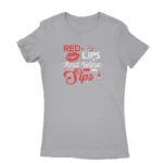 Stylish Sport Grey T-shirt for women featuring 'RED LIPS And Wine Sips' print, brought to you by Apparel by Cetakshop.