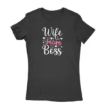 Image of a Black 'Wife Mom Boss' t-shirt for women, by Apparel by Cetakshop, decorated with stars and hearts, perfect for the multitasking lady.