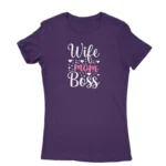 Image of a Purple 'Wife Mom Boss' t-shirt for women, by Apparel by Cetakshop, decorated with stars and hearts, perfect for the multitasking lady.