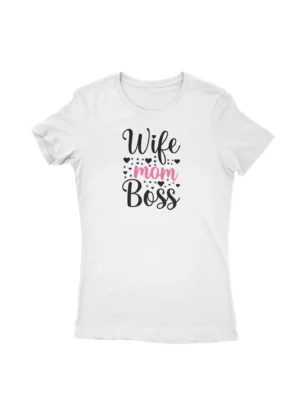 Superwoman quote Tee by Apparel by Cetakshop. T Shirt for women decorated with 'Wife Mom Boss' design print decorated with stars and hearts, perfect for the multitasking lady.