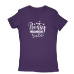 Empowerment-themed Purple T-shirt for women with 'Bossy Woman Rule' print, a bold statement from Apparel by Cetakshop.