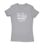 Empowerment-themed Sport Grey T-shirt for women with 'Bossy Woman Rule' print, a bold statement from Apparel by Cetakshop.