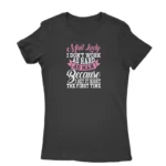 Women's Azalea T-shirt with 'Mail Lady I don't work as hard as man because I get it right the first time' text, by Apparel by Cetakshop.