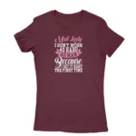 Women's Heliconia T-shirt with 'Mail Lady I don't work as hard as man because I get it right the first time' text, by Apparel by Cetakshop.