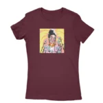 Women's Maroon T-shirt with a colorful artistic portrait print, a creative piece from Apparel by Cetakshop.